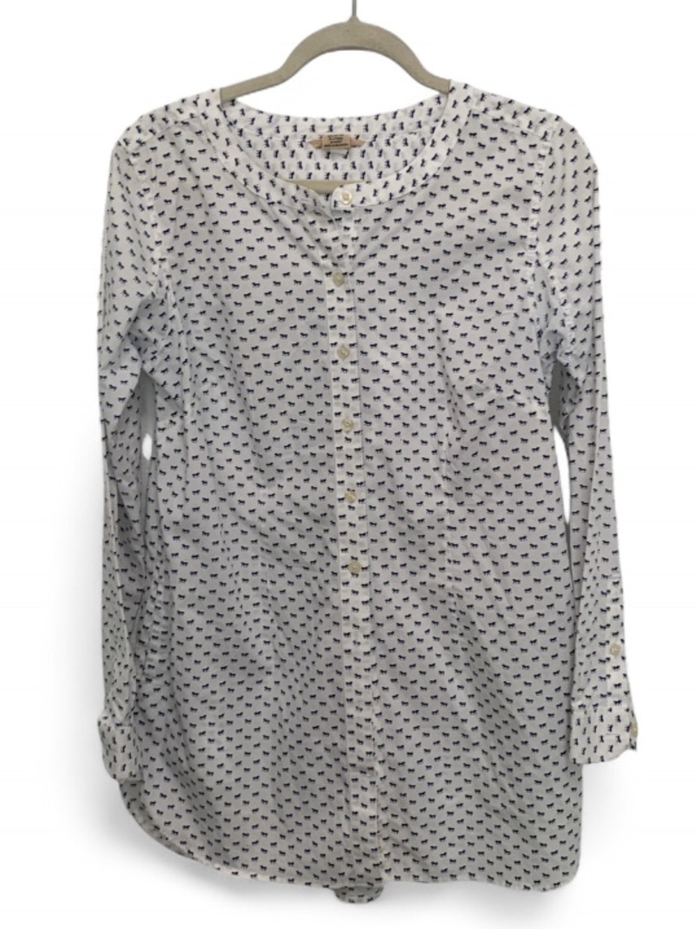 Duluth Trading Co White Button-Front Blouse with Dark Blue Horse Print